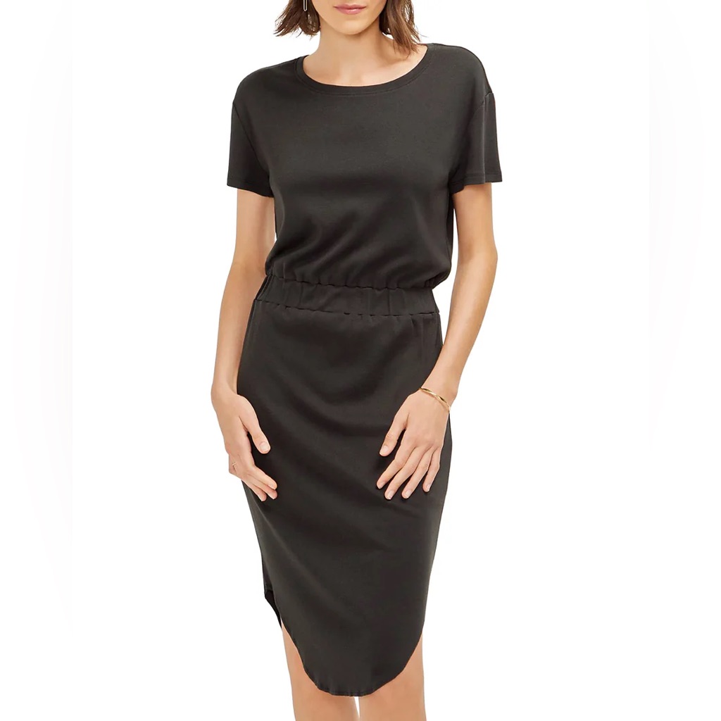 Three Dots Curved Hem Tee Dress L 22” P2p Black $128 Retail Nwt